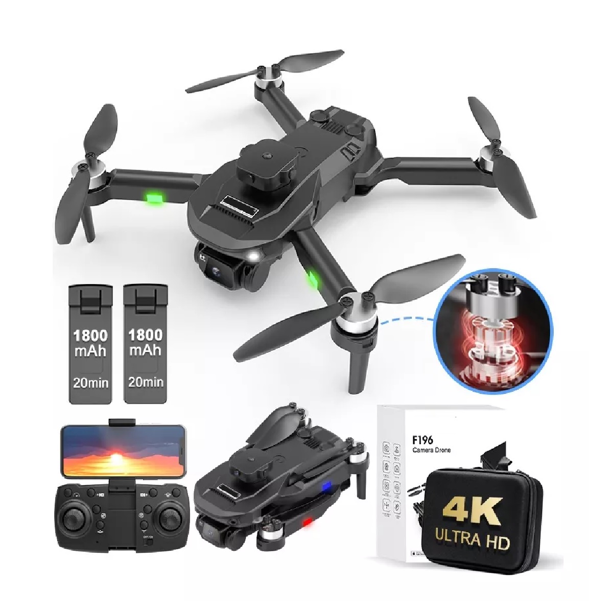 Drone Sin Escobillas Con 4k Cámara Dual 2baterías F196.