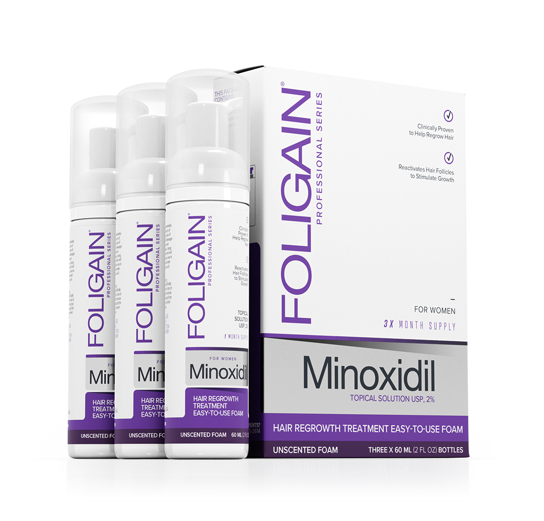 FOLIGAIN MINOXIDIL 2% ESPUMA PARA EL CRECIMIENTO DEL CABELLO para mujeres Tres Botellas 3 meses de suministro.