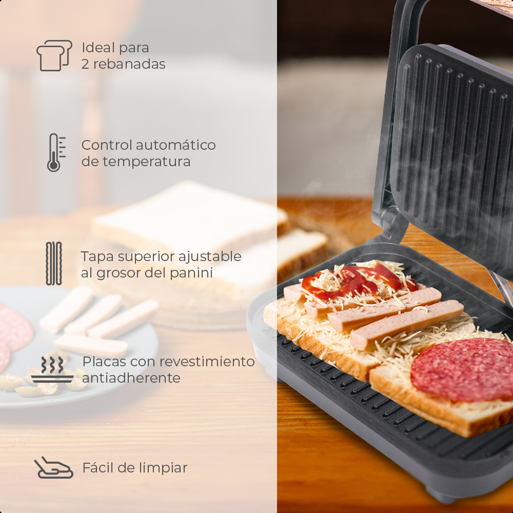Daewoo Panini Grill para 2 rebanadas DHG-2675 con potencia de 1200W.
