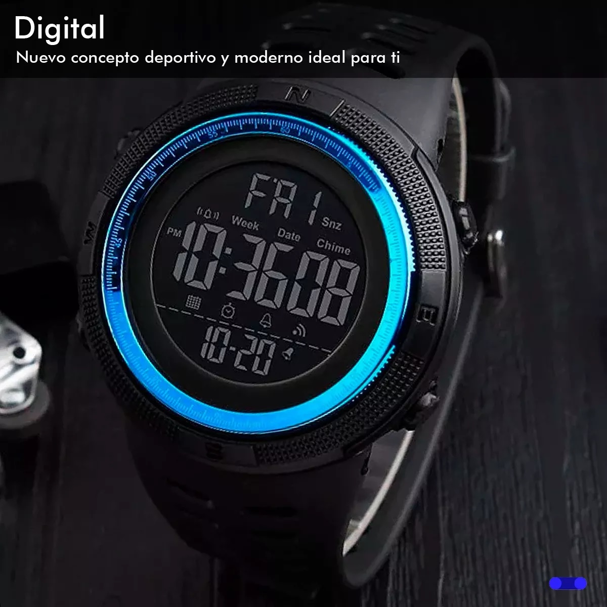 Reloj Hombre Deportivo Digital Resistente Al Agua Negro con Azul.