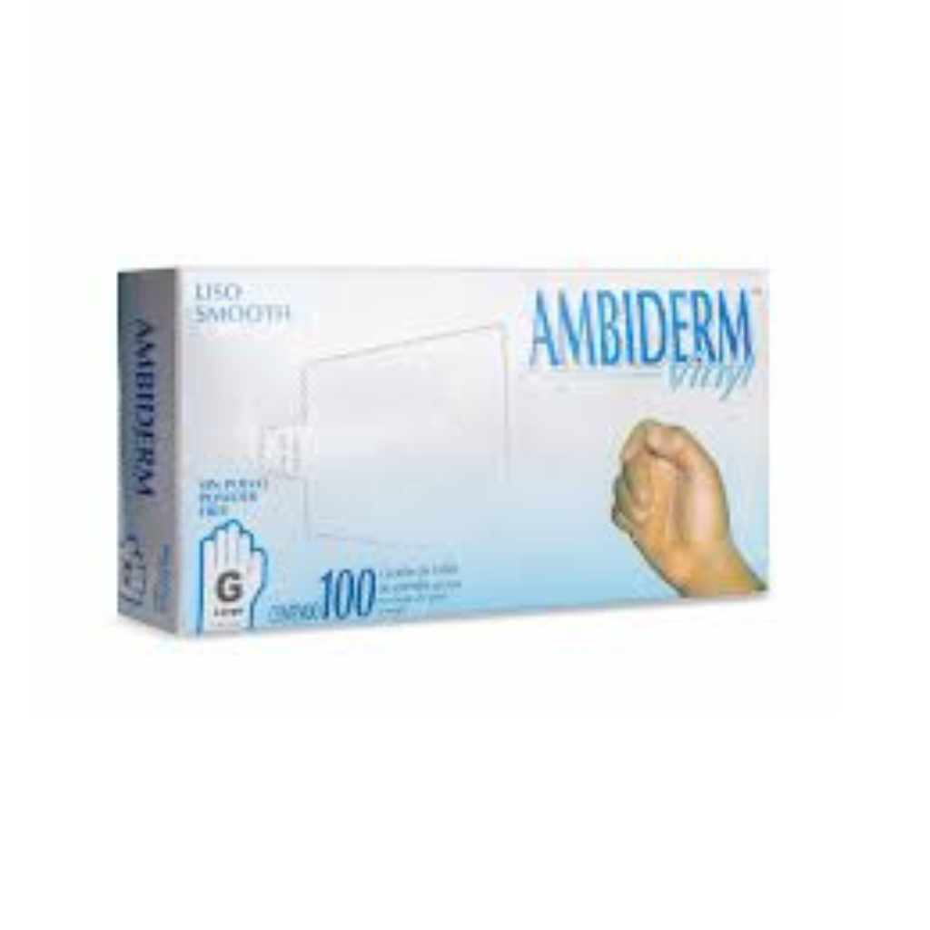 Guante de vinyl libre de polvo tamaño grande, ambiderm caja con 100 pz, no estéril.