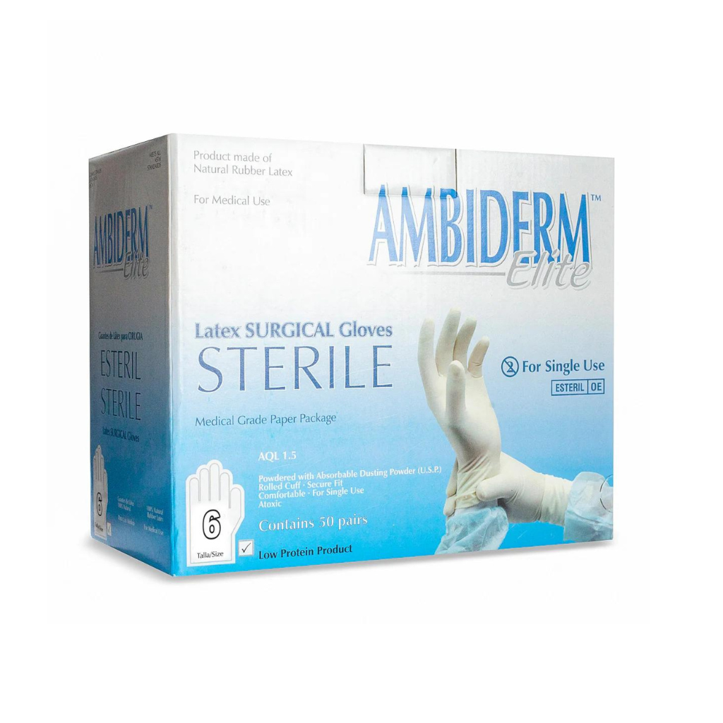 Guante para cirujano, estéril, desechable tamaño 6 caja con 100 piezas.Ambiderm
