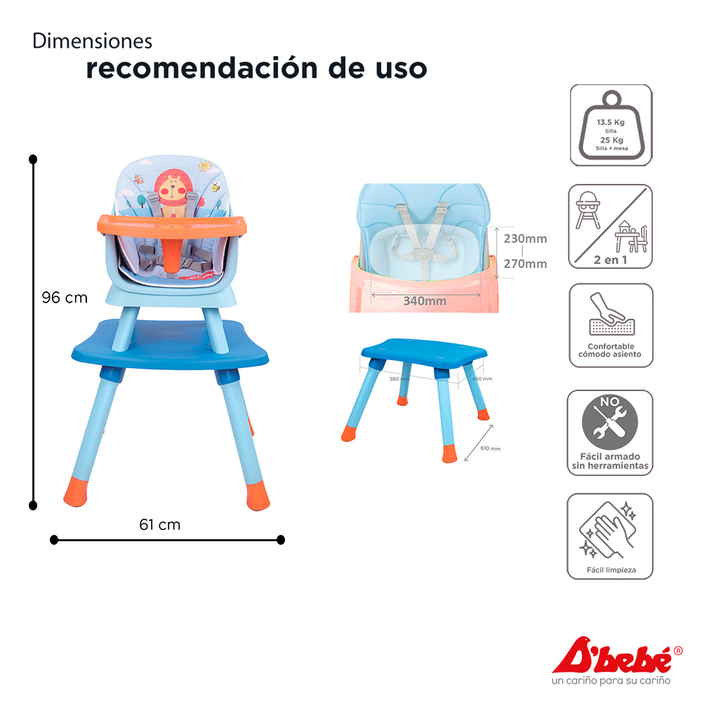 Silla Alta Periquera D'bebé Grow with Me Azul con Naranja.