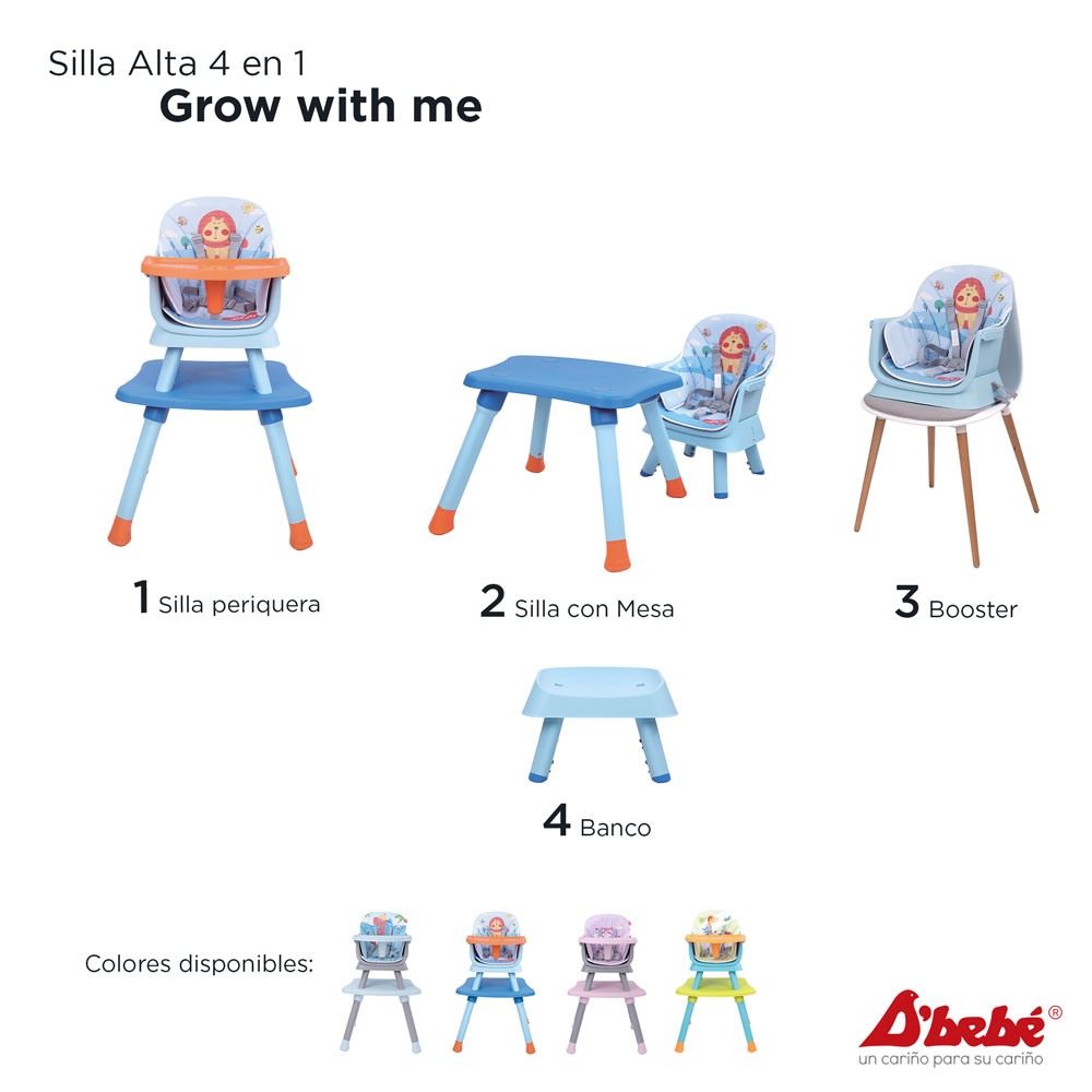 Silla Alta Periquera D'bebé Grow with Me Azul con Naranja.