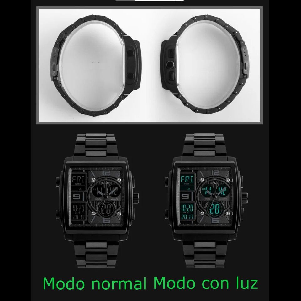 Reloj cuarzo japonés doble pantalla negro alarma militar 3 tiempos deportivo contra agua metálico
