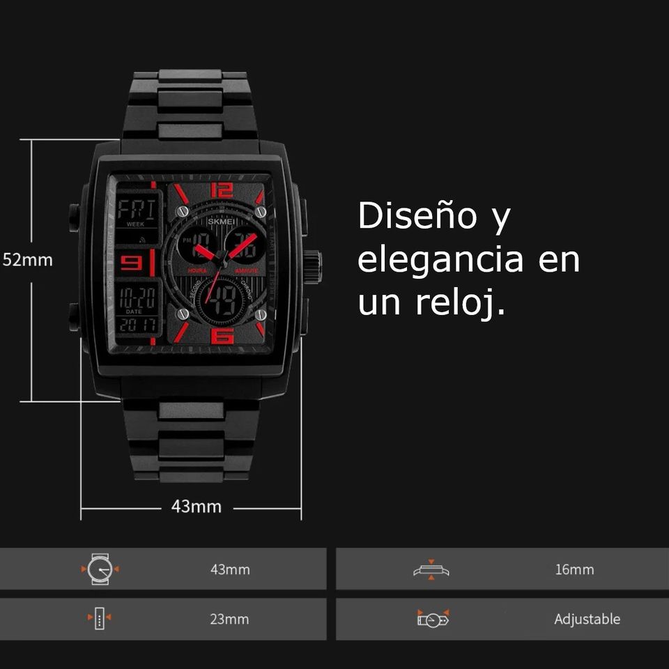 Reloj cuarzo japonés doble pantalla negro alarma militar 3 tiempos deportivo contra agua metálico