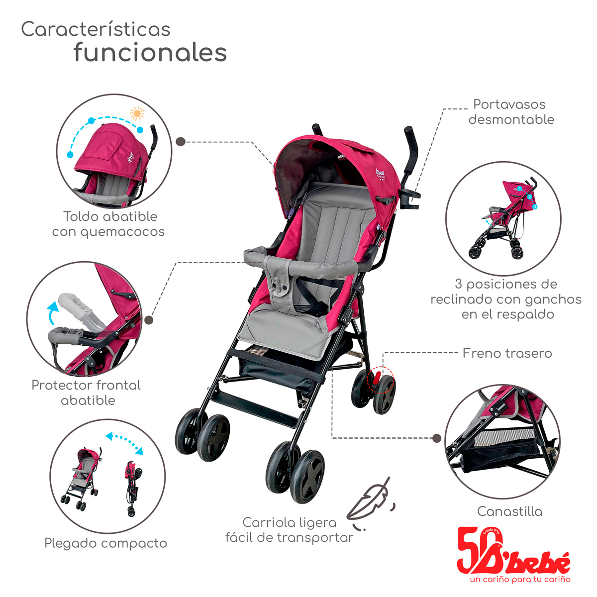 Carriola de Bastón D'bebé Carry Bebé Rosa
