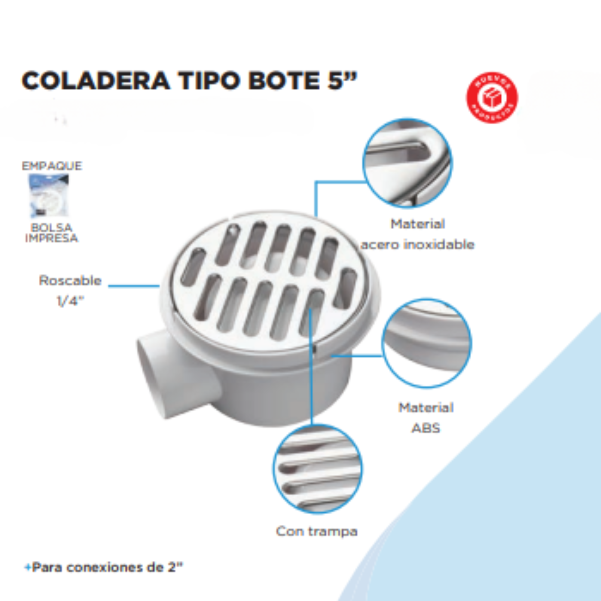 Coladera Tipo Bote 5" de ABS con Trampa de Acero Inoxidable para conexiones de 2"