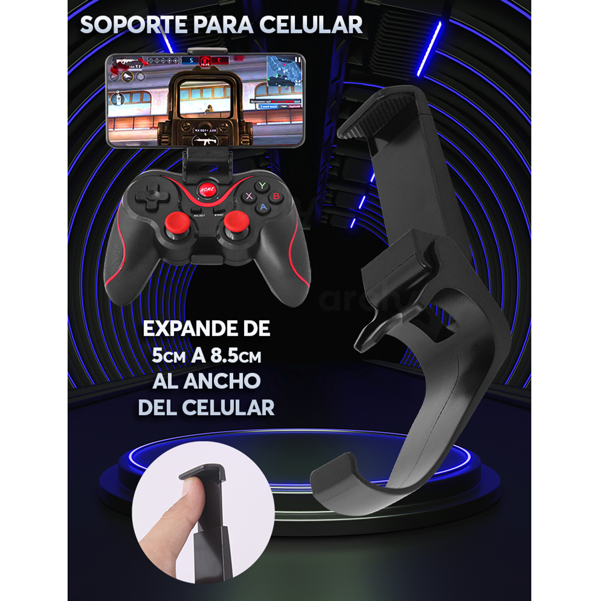 Mando Control Gamepad Archy Joystick Compatible con Android inalámbrico con Bluetooth, Soporte Celular y Agarre cómodo