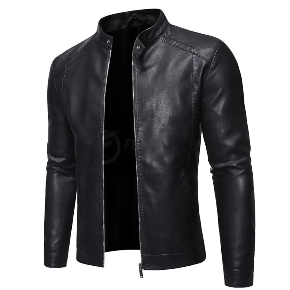 Chamarra De Piel Rockera Hombre Slim Biker Cuello Alto B6