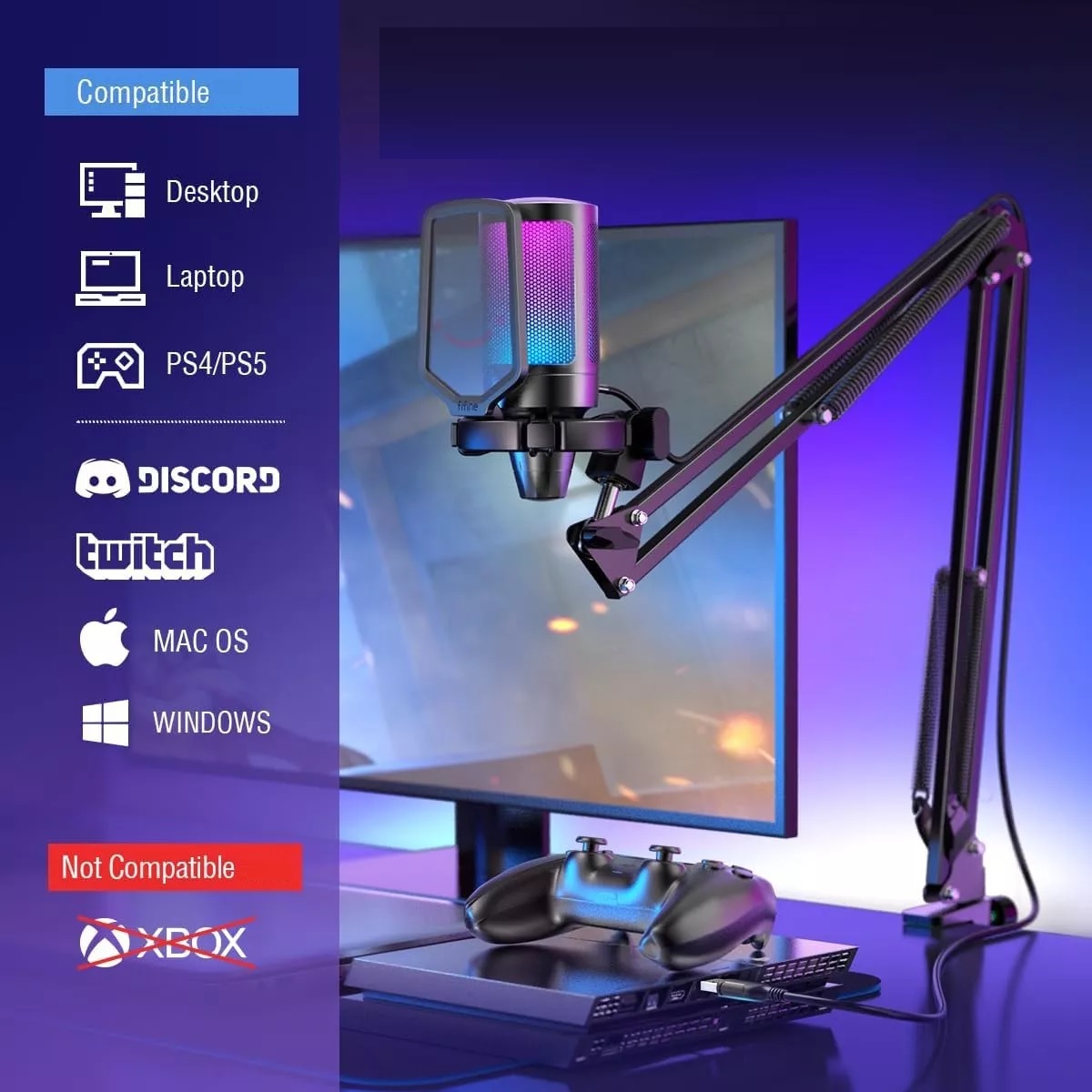 Micrófono Juego Me6s Rgb Condensador Usb Podcast Pc De Gamer.