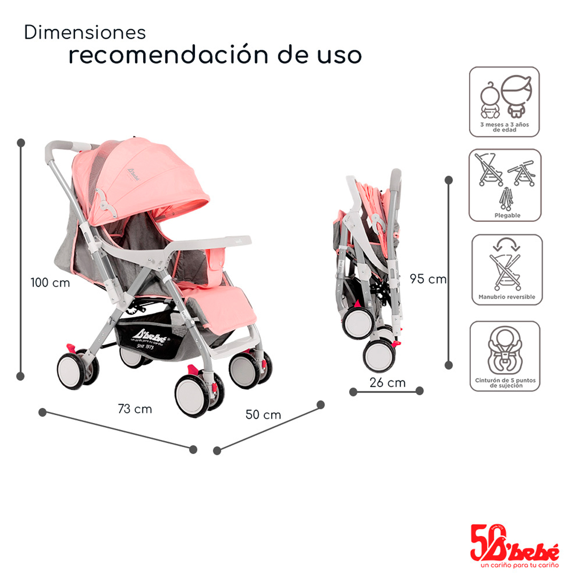 Carriola Reversible D'bebé Baby BM Rosa.