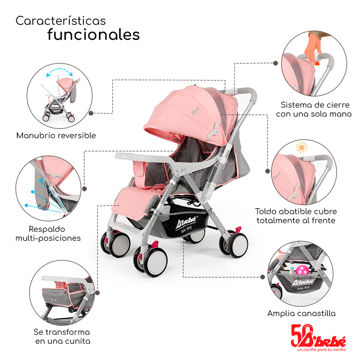 Carriola Reversible D'bebé Baby BM Rosa.