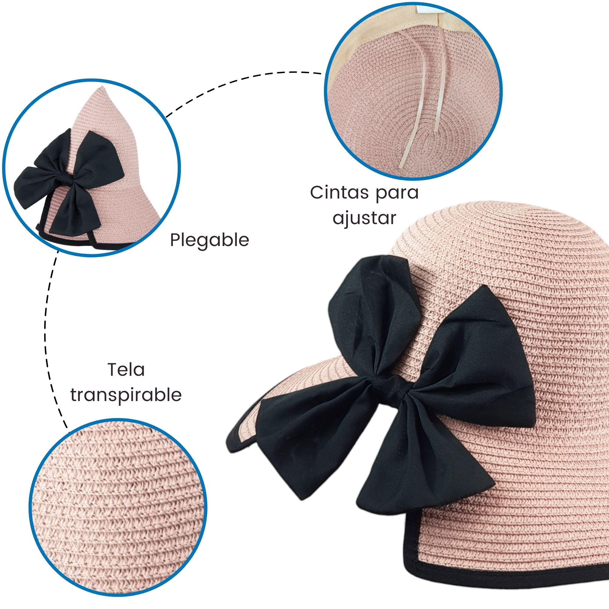 Sombrero de Mujer para Sol Playa Protección Paja Plegable Transpirable - Rosa.