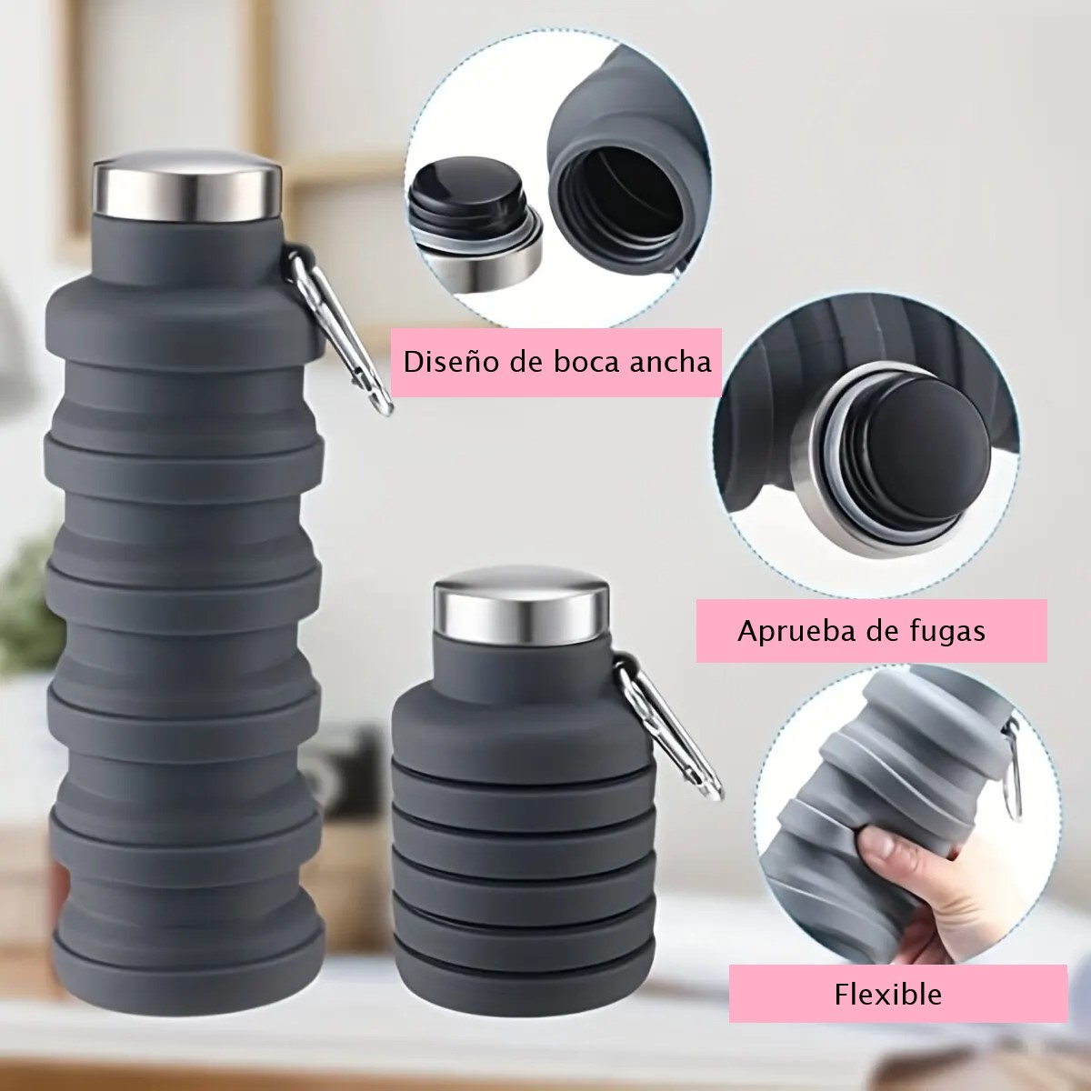 Botella agua plegable silicona reutilizable negro taza portátil senderismo aire libre montañismo