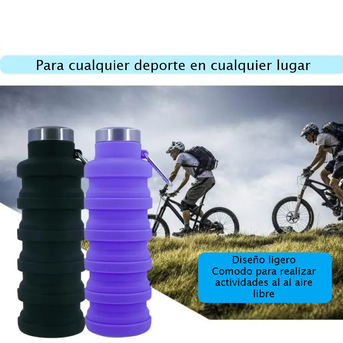 Botella agua plegable silicona reutilizable negro taza portátil senderismo aire libre montañismo
