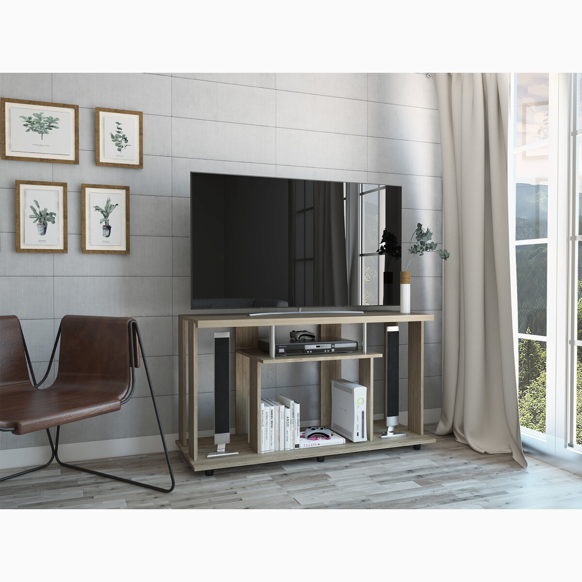 MUEBLE ARMABLE PARA TV DE 50" CON ESPACIOS PARA CONSOLAS DE VIDEOJUEGO O BOCINAS MODELO LANNES.