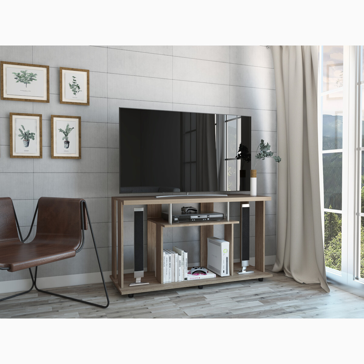 MUEBLE ARMABLE PARA TV DE 50" CON ESPACIOS PARA CONSOLAS DE VIDEOJUEGO O BOCINAS MODELO LANNES.