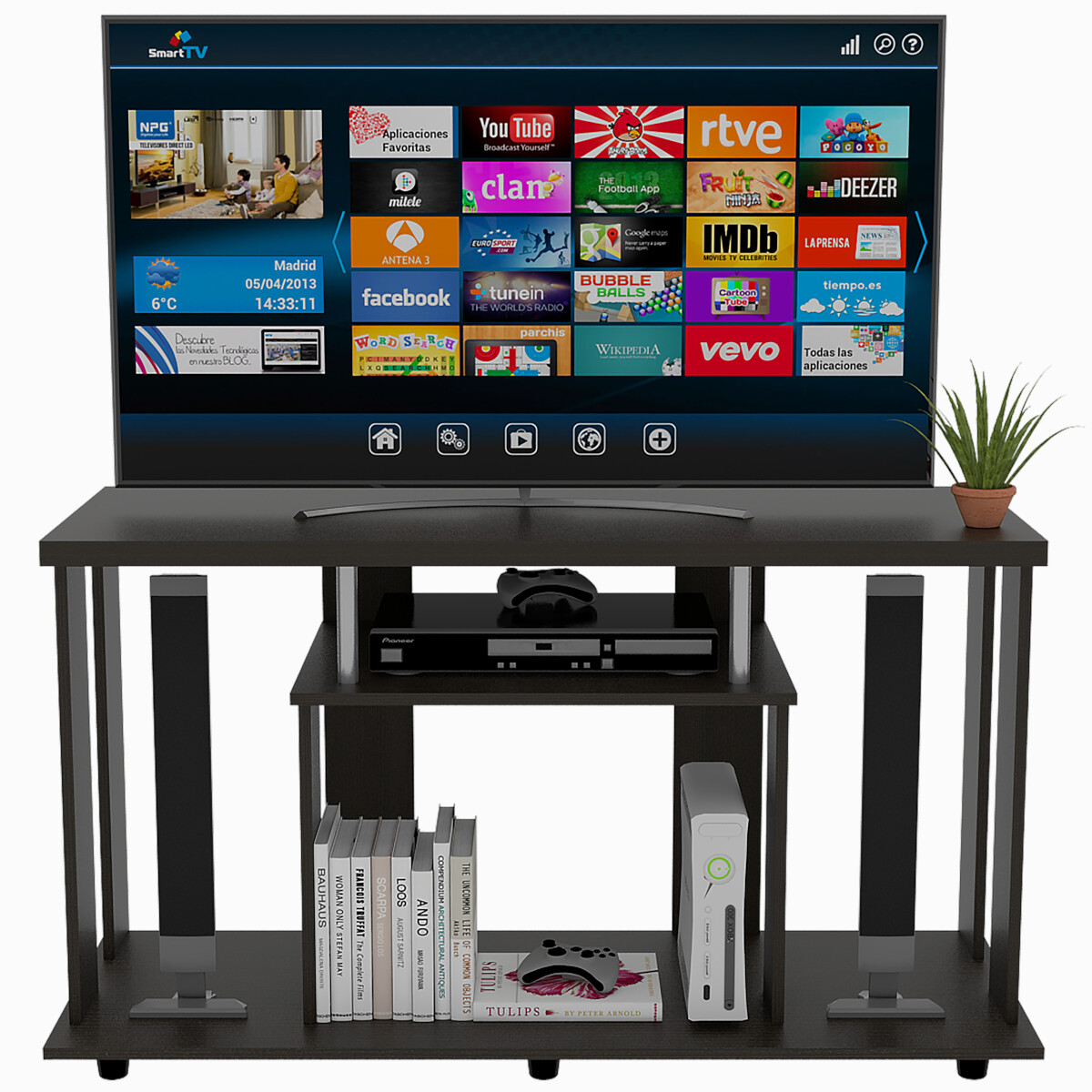 MUEBLE ARMABLE PARA TV DE 50" CON ESPACIOS PARA CONSOLAS DE VIDEOJUEGO O BOCINAS MODELO LANNES COLOR CAFE.