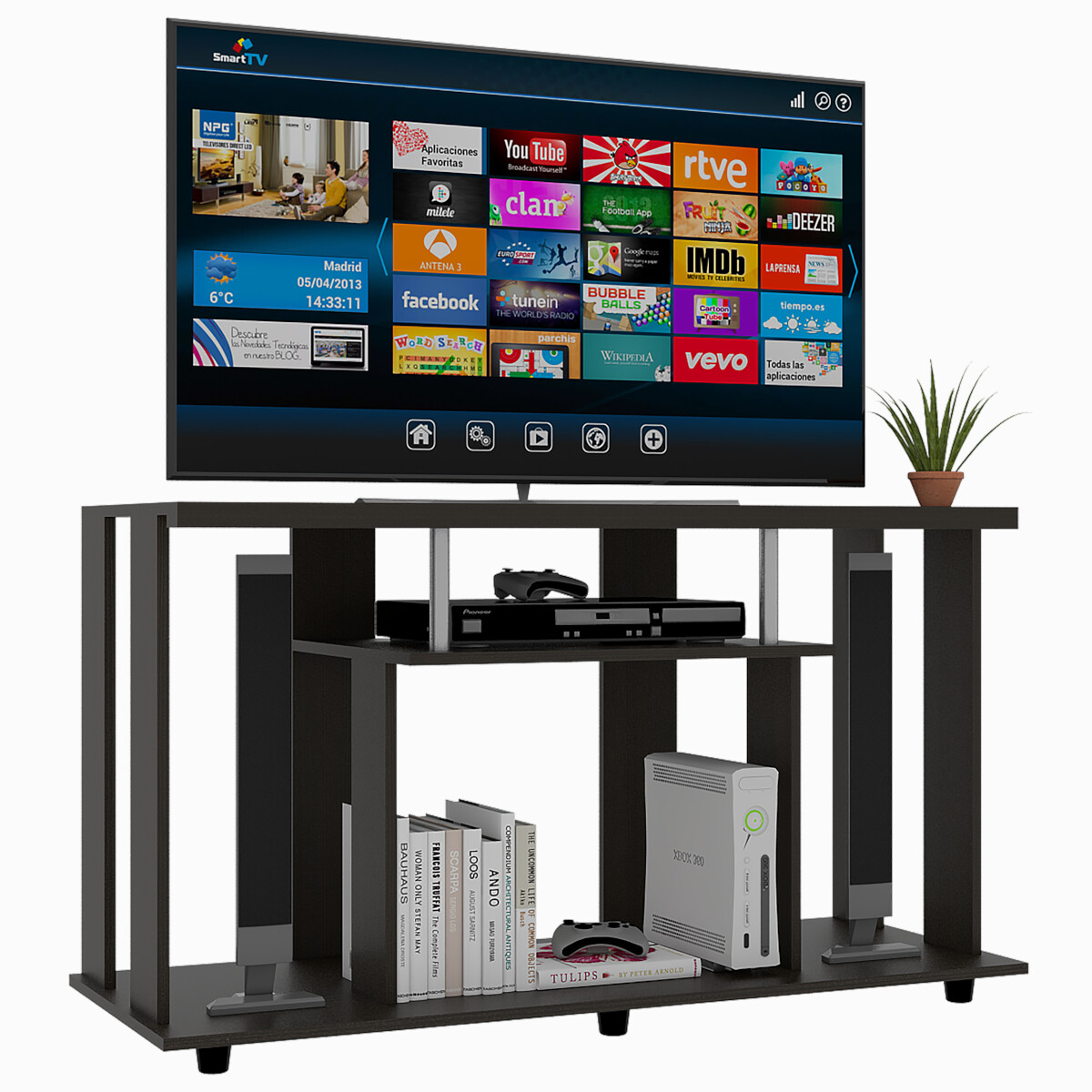 MUEBLE ARMABLE PARA TV DE 50" CON ESPACIOS PARA CONSOLAS DE VIDEOJUEGO O BOCINAS MODELO LANNES COLOR CAFE.