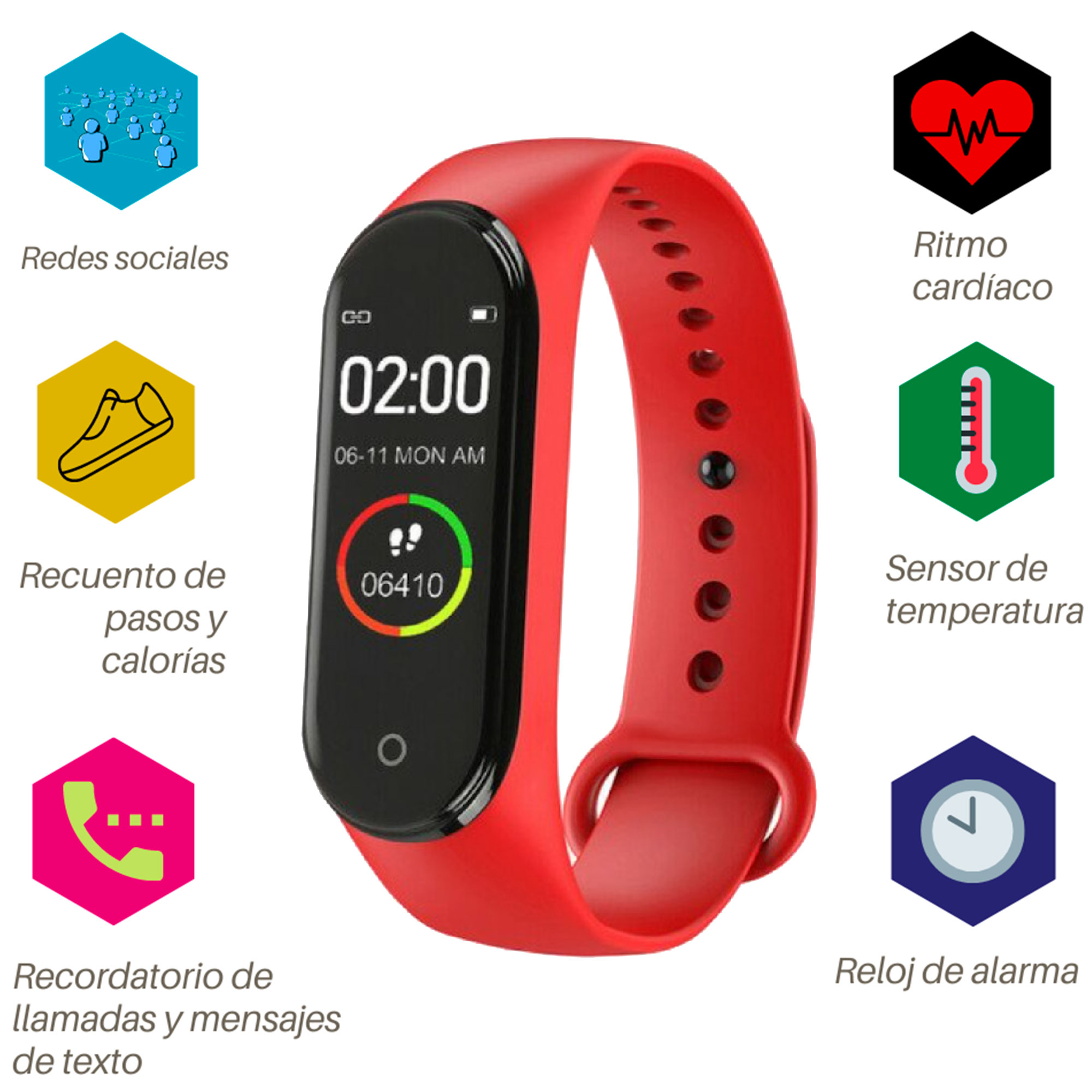 Reloj Smartwatch VAK M4 APP HEALTH TEMPERATURA OXIGENO Bluetooth pulso RECORDATORIOS Rojo.