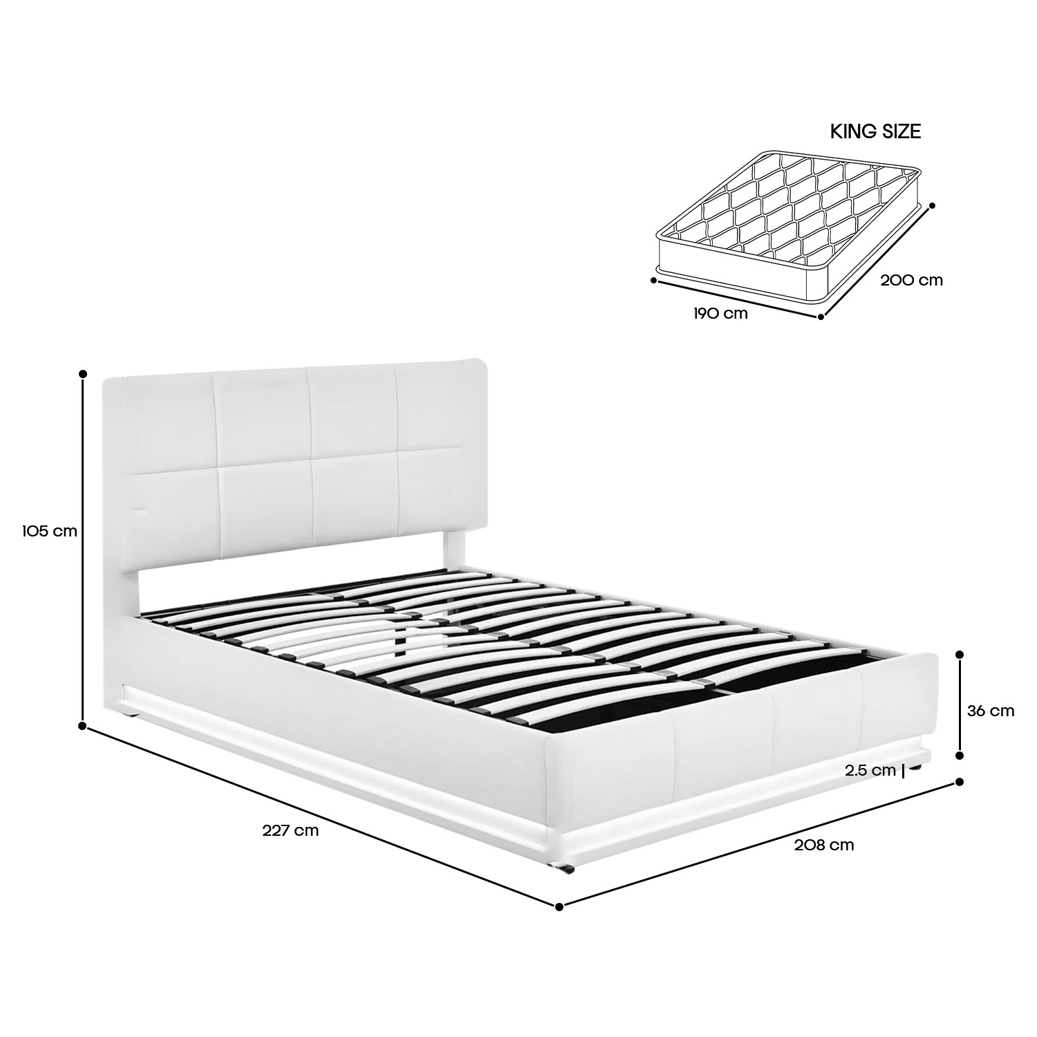 Base King Size Moderno Luz LED y Almacenamiento Bossa Kane.