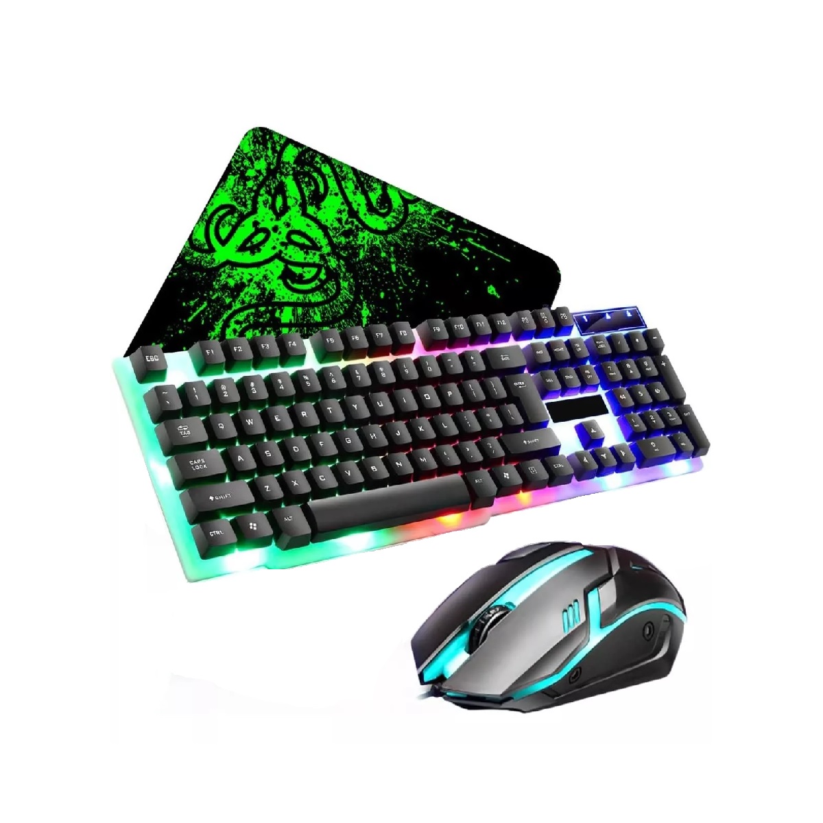 Kit Teclado Mouse Game Profesional Alfombrilla Negro c/Verde  Ratón Usb.