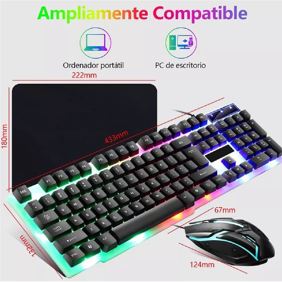 Kit Teclado Mouse Game Profesional Alfombrilla Negro c/Verde  Ratón Usb.