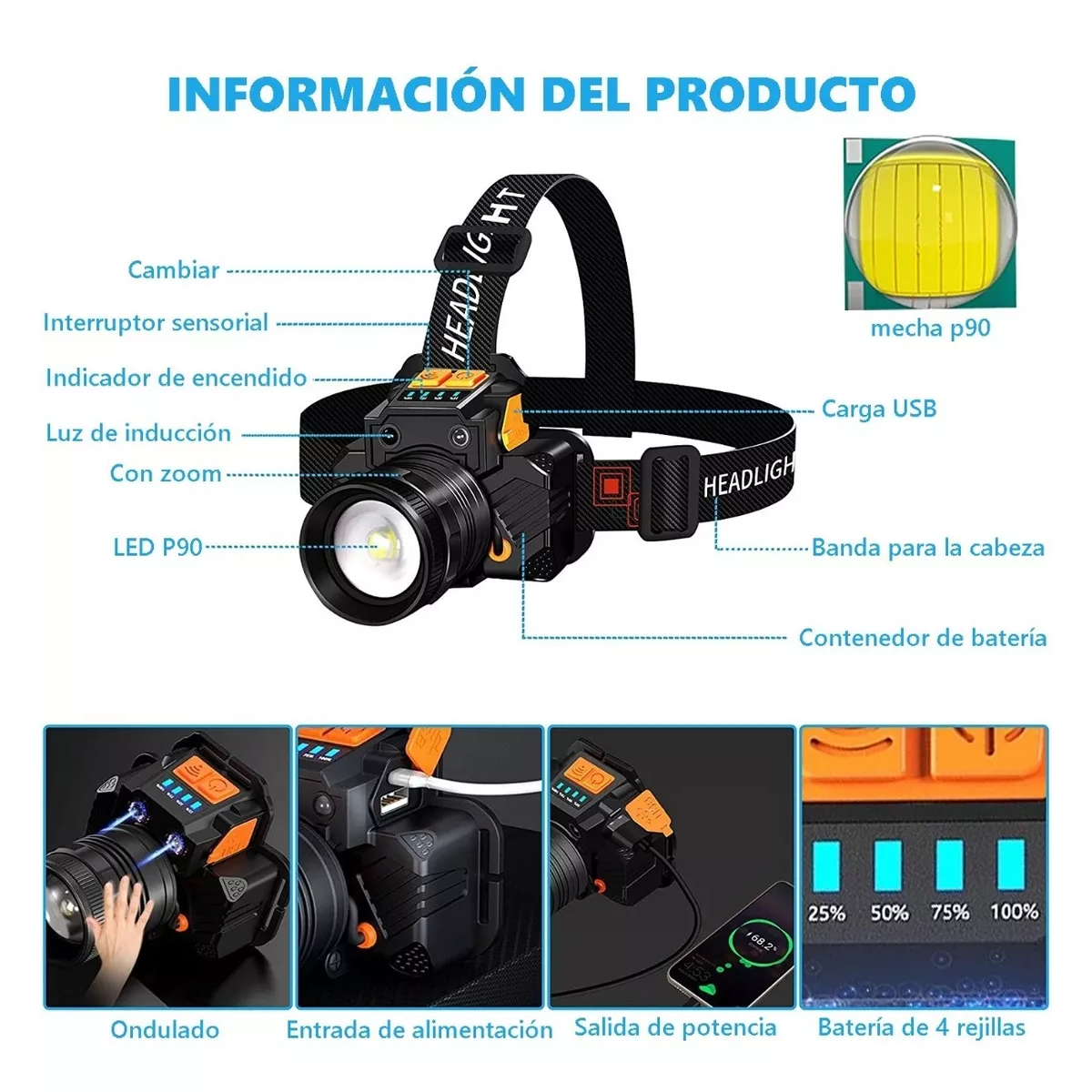 Lámpara Led Cabeza Minera Recargable Impermeable.