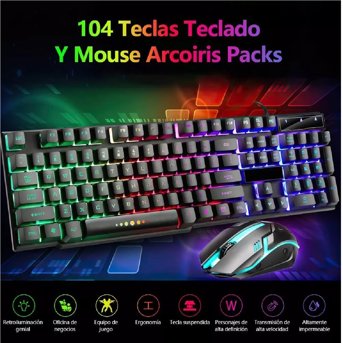 Kit Teclado Mouse Game Profesional Alfombrilla Negro c/Verde  Ratón Usb.