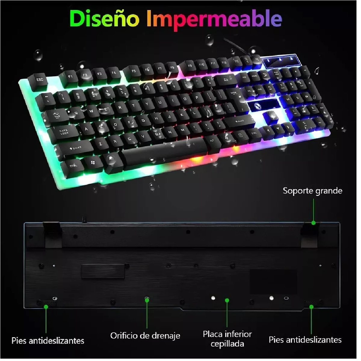 Kit Teclado Mouse Game Profesional Alfombrilla Negro c/Verde  Ratón Usb.