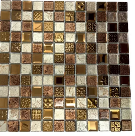 Malla o Mosaico Decorativo de vidrio VOL, medida 30 x 30 cms. (base por altura). Diseño en tonos café y dorado, con detalles marmoleados y en relieve. Caja de 5 piezas..