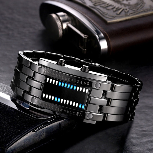 Reloj Led Metalico De Moda Barras Binario Estilo Futurista Color De La Correa Negro