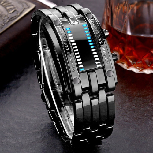 Reloj Led Metalico De Moda Barras Binario Estilo Futurista Color De La Correa Negro