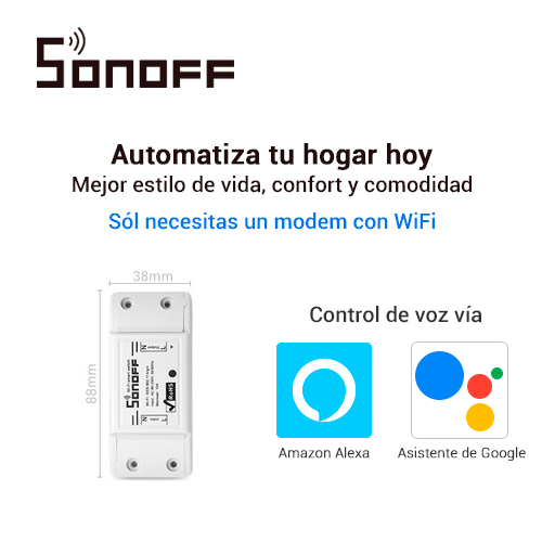 INTERRUPTOR ON/OFF SONOFF BASIC SMART INALAMBRICO WIFI PARA SOLUCION DE SMART HOME CON TEMPORIZADOR PARA IOS Y ANDROID COMPATIBLE CON ALEXA. GOOGLE HOME. NEST. IFTTT 1CH WIFI 2.4GHZ HASTA 10AMP