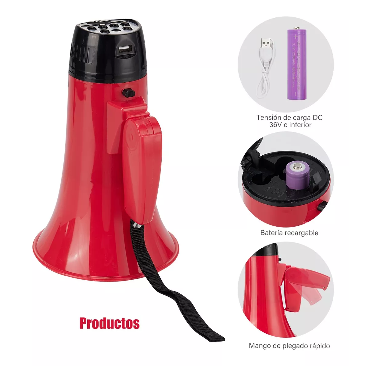 Megáfono Usb 25w Con Sirena Bluetooth Y Grabador Recargable Rojo.