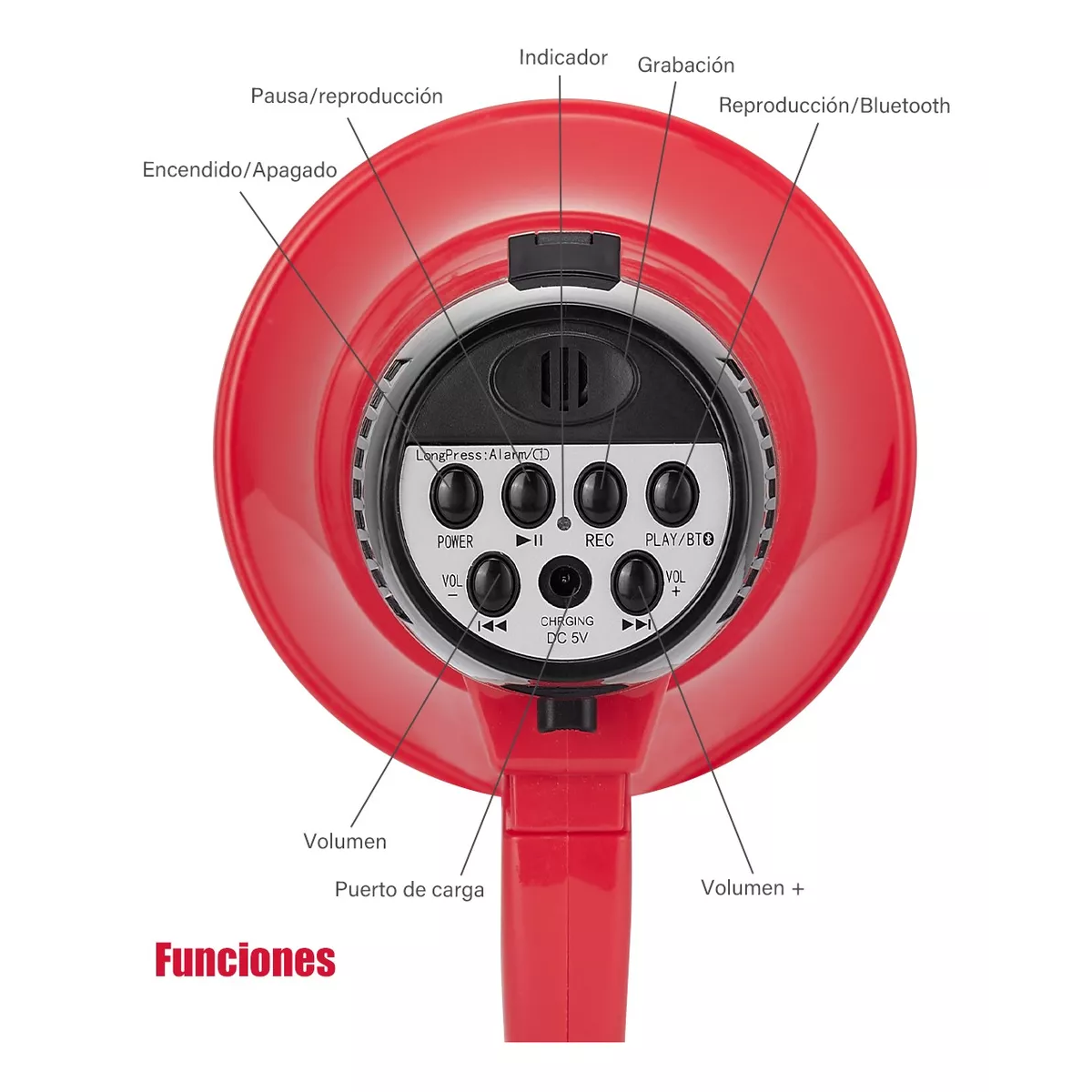Megáfono Usb 25w Con Sirena Bluetooth Y Grabador Recargable Rojo.