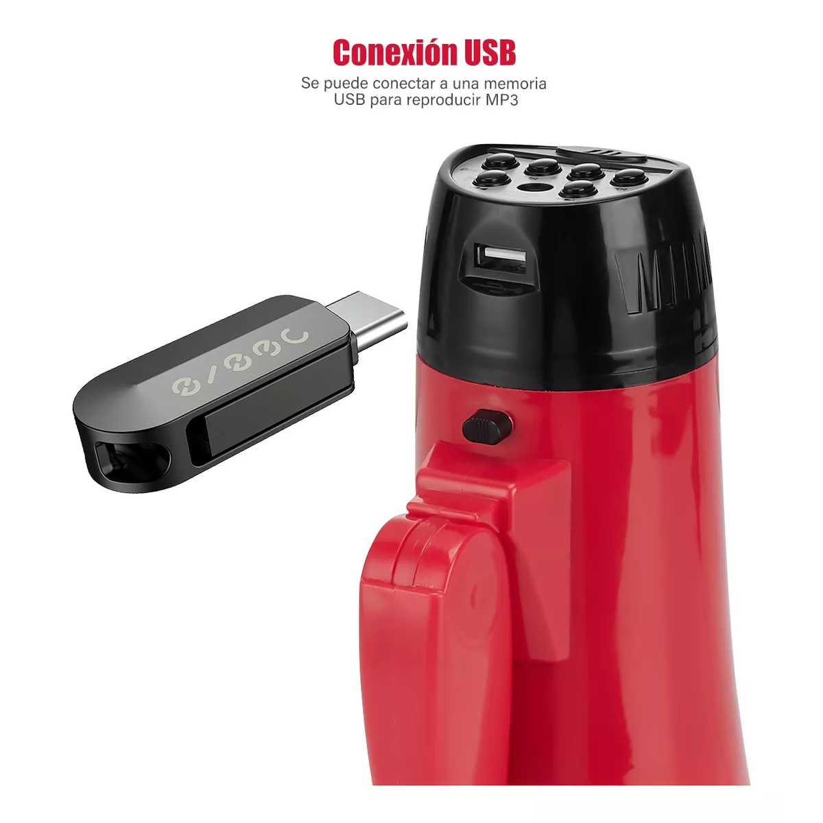 Megáfono Usb 25w Con Sirena Bluetooth Y Grabador Recargable Rojo.