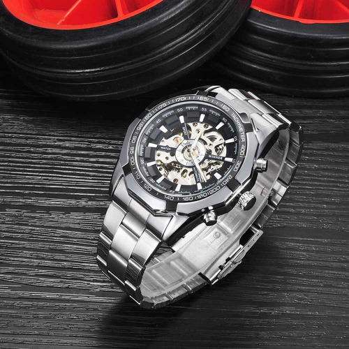 Reloj Winner 428 de acero inoxidable plateado automático Skeleton para hombre