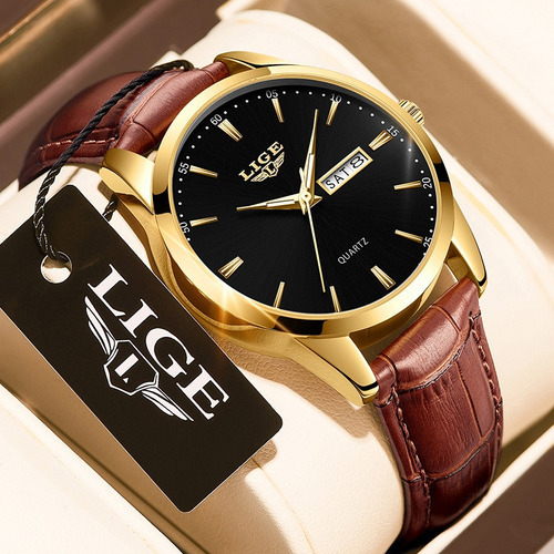 Reloj Cronógrafo Lige LG8970 De Cuero Casual Para Hombre Quartz Correa Marrón Bisel Dorado Fondo Negro