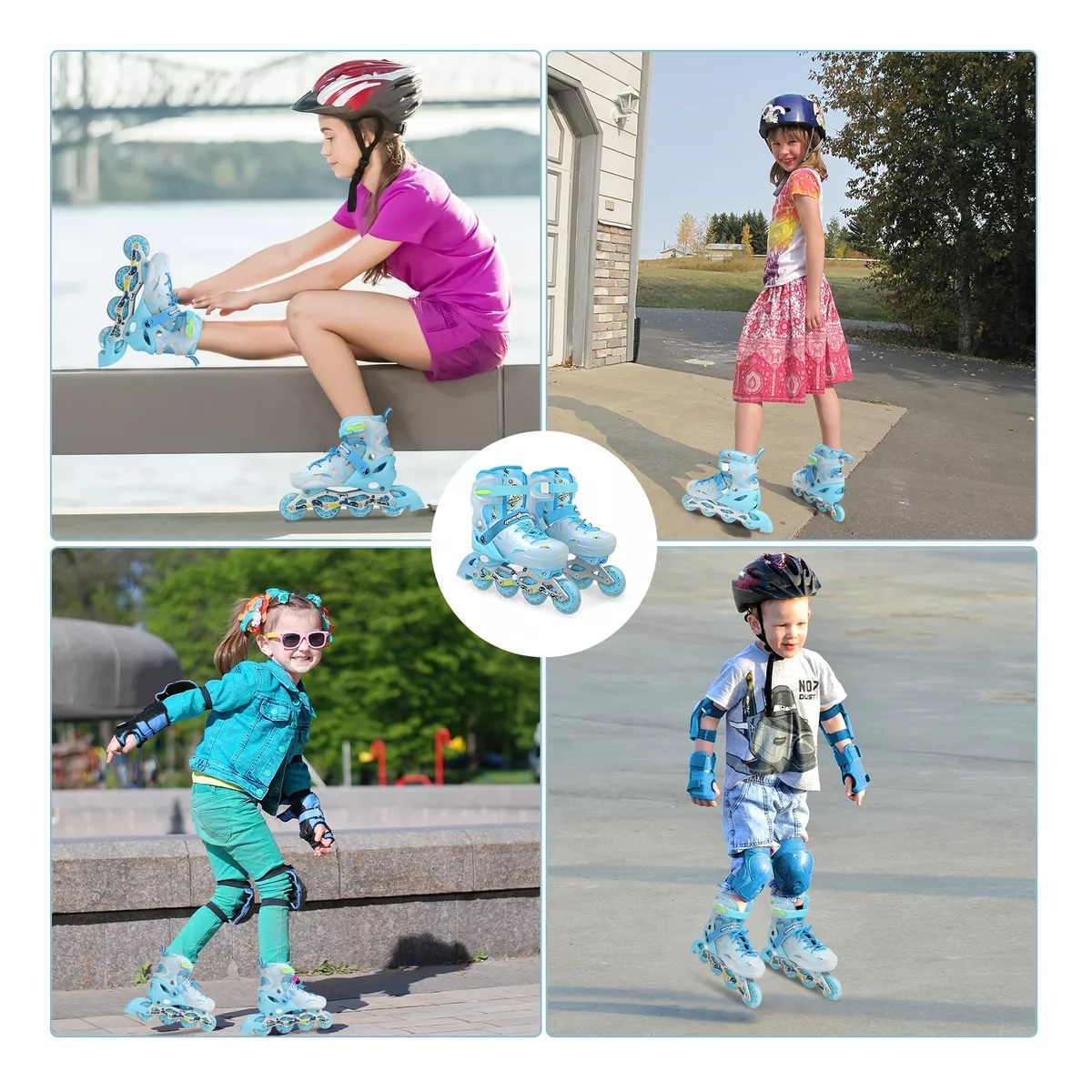 Patines En Linea Profesionales Azul M+equipo De Protección.