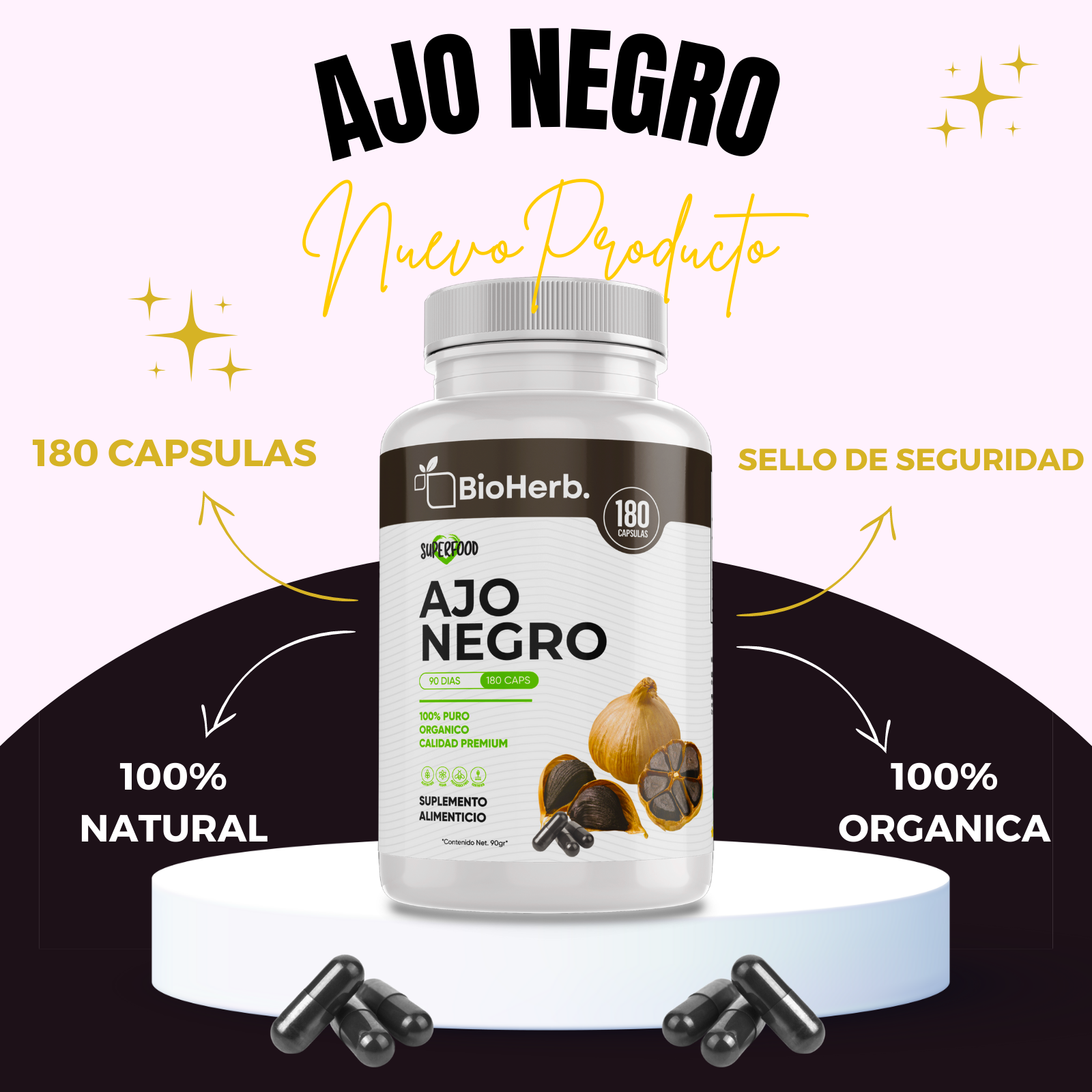 Ajo Negro100% Puro (180 Capsulas de 500mg) - [Potente Antioxidante Rico en Vitamina A, C y Calcio] | Presion y Digestion | Calidad Suprema | Sin Gluten ni Añadidos | Suministro Para 90 Dias | - Black Garlic - BioHerb..