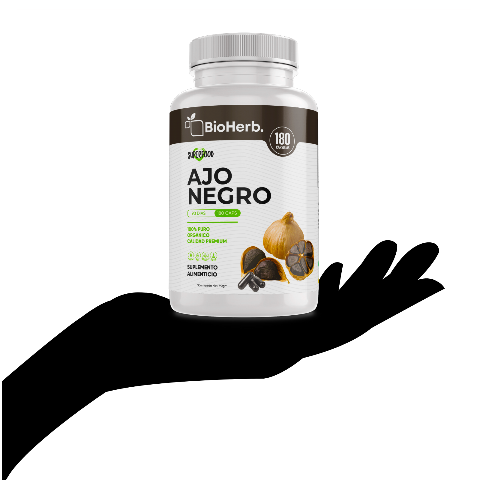 Ajo Negro100% Puro (180 Capsulas de 500mg) - [Potente Antioxidante Rico en Vitamina A, C y Calcio] | Presion y Digestion | Calidad Suprema | Sin Gluten ni Añadidos | Suministro Para 90 Dias | - Black Garlic - BioHerb..