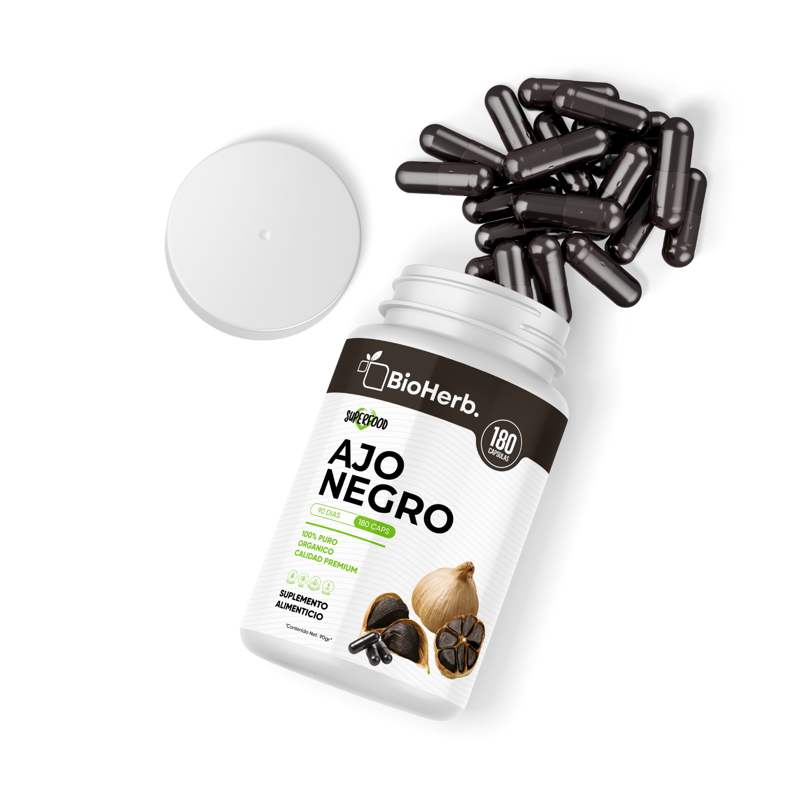 Ajo Negro100% Puro (180 Capsulas de 500mg) - [Potente Antioxidante Rico en Vitamina A, C y Calcio] | Presion y Digestion | Calidad Suprema | Sin Gluten ni Añadidos | Suministro Para 90 Dias | - Black Garlic - BioHerb..