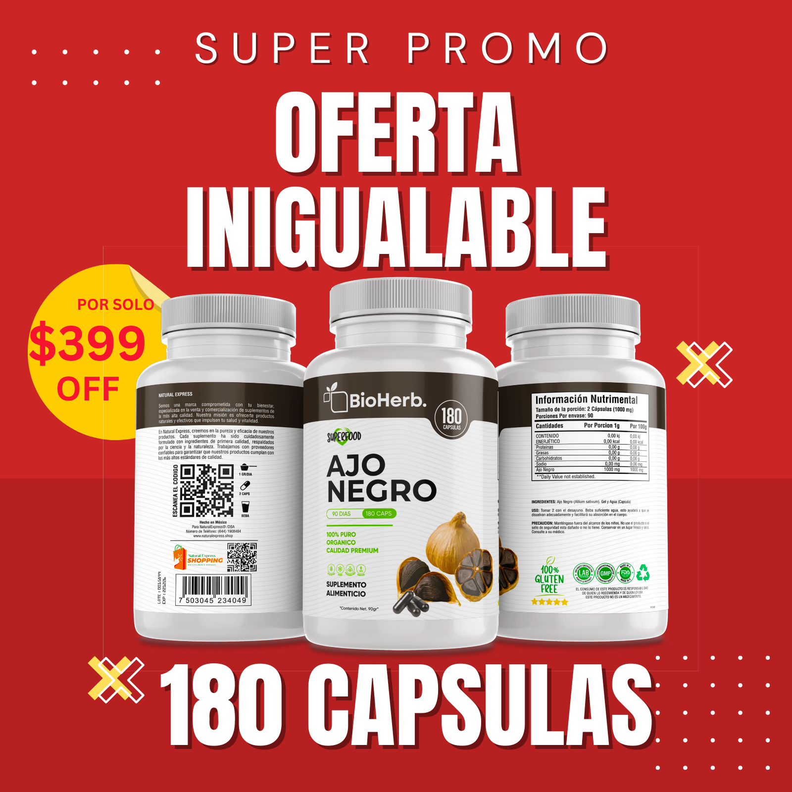 Ajo Negro100% Puro (180 Capsulas de 500mg) - [Potente Antioxidante Rico en Vitamina A, C y Calcio] | Presion y Digestion | Calidad Suprema | Sin Gluten ni Añadidos | Suministro Para 90 Dias | - Black Garlic - BioHerb..