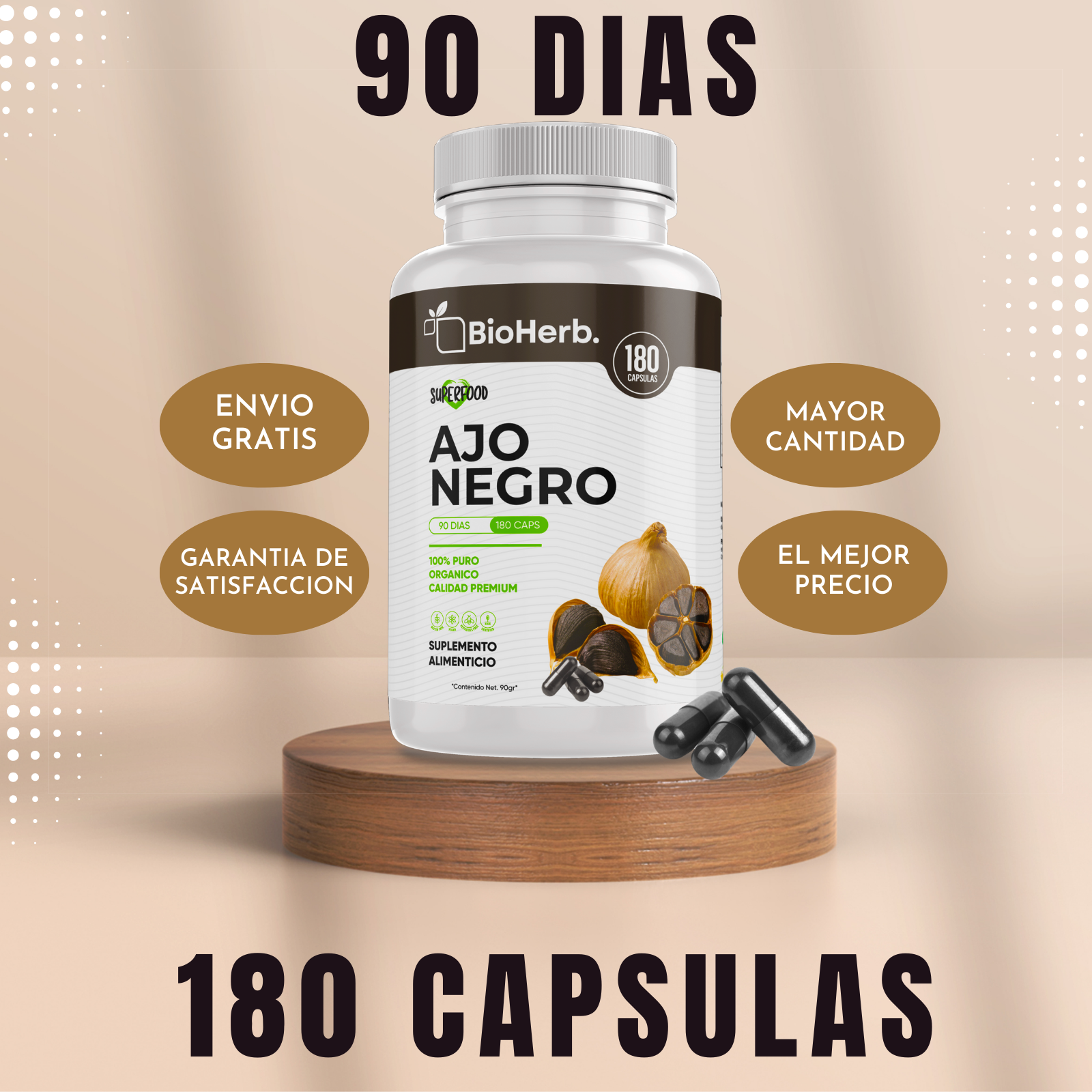 Ajo Negro100% Puro (180 Capsulas de 500mg) - [Potente Antioxidante Rico en Vitamina A, C y Calcio] | Presion y Digestion | Calidad Suprema | Sin Gluten ni Añadidos | Suministro Para 90 Dias | - Black Garlic - BioHerb..