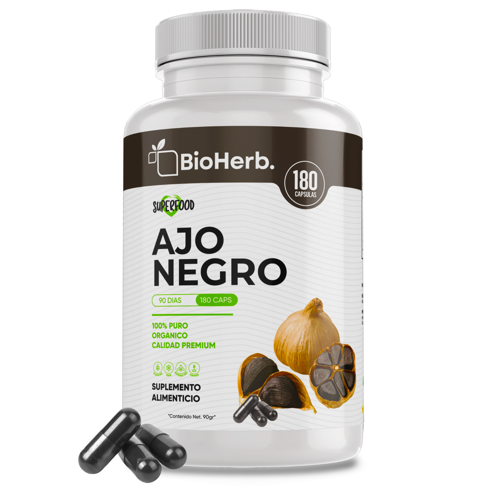 Ajo Negro100% Puro (180 Capsulas de 500mg) - [Potente Antioxidante Rico en Vitamina A, C y Calcio] | Presion y Digestion | Calidad Suprema | Sin Gluten ni Añadidos | Suministro Para 90 Dias | - Black Garlic - BioHerb..