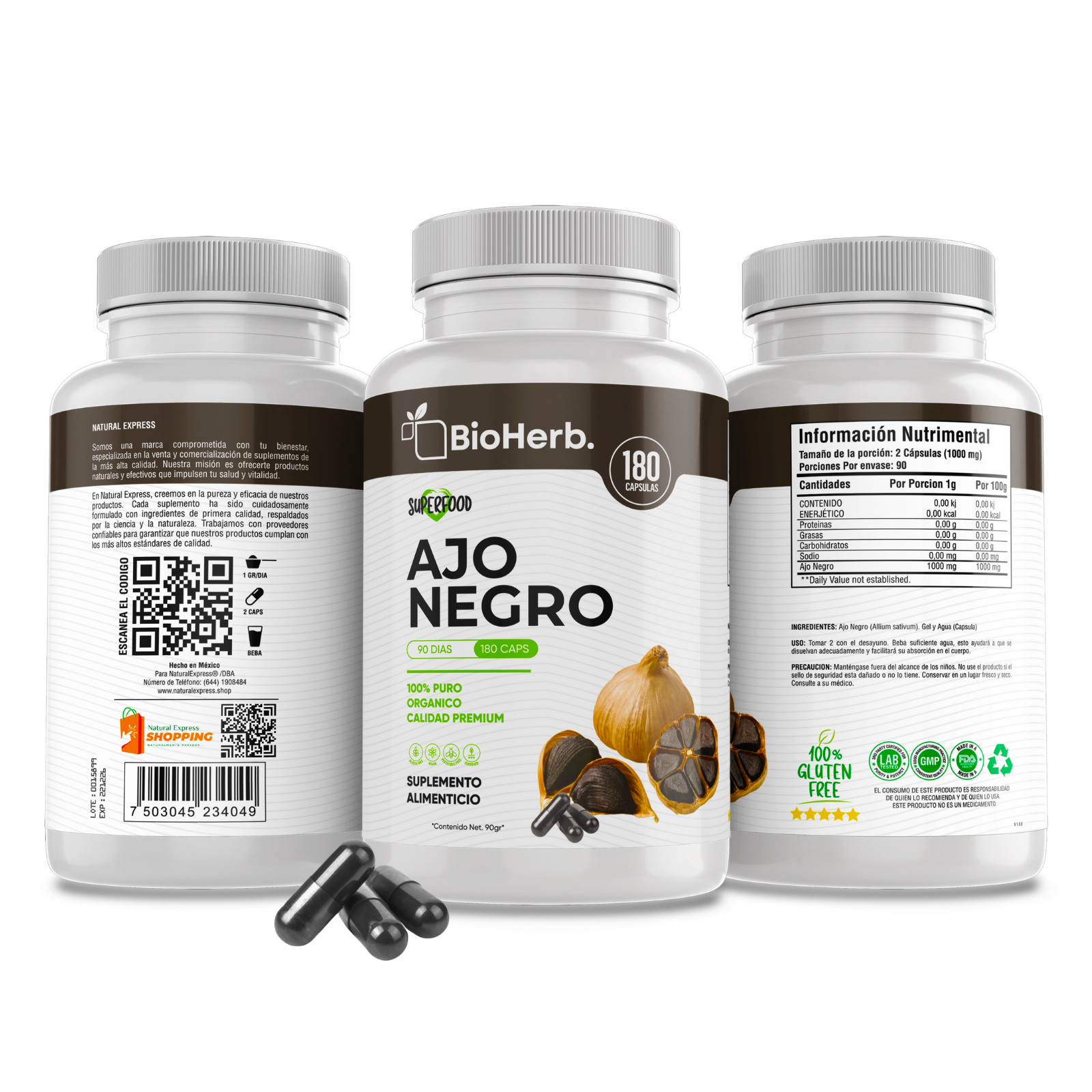 Ajo Negro100% Puro (180 Capsulas de 500mg) - [Potente Antioxidante Rico en Vitamina A, C y Calcio] | Presion y Digestion | Calidad Suprema | Sin Gluten ni Añadidos | Suministro Para 90 Dias | - Black Garlic - BioHerb..