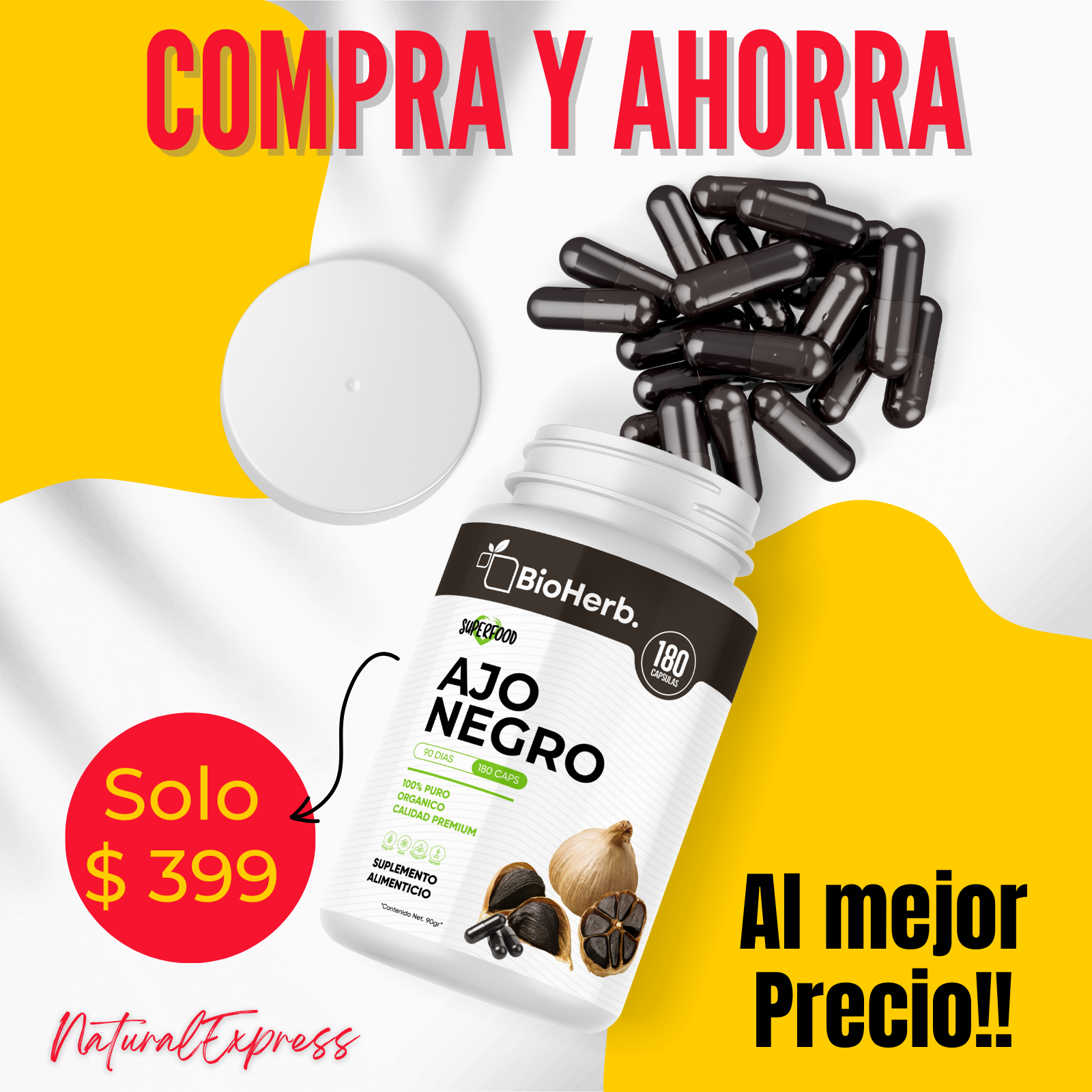 Ajo Negro100% Puro (180 Capsulas de 500mg) - [Potente Antioxidante Rico en Vitamina A, C y Calcio] | Presion y Digestion | Calidad Suprema | Sin Gluten ni Añadidos | Suministro Para 90 Dias | - Black Garlic - BioHerb..
