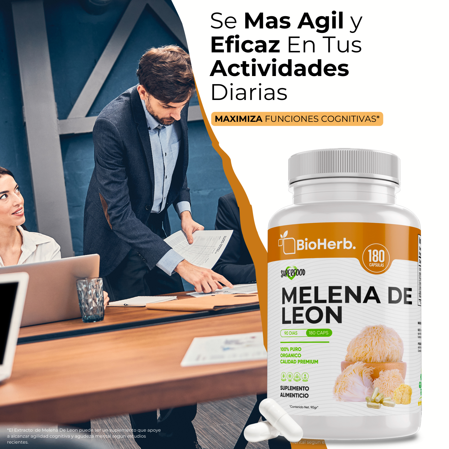Melena de Leon (180 Capsulas Para 90 Dias) - [Extremadamente Eficaz] -|Potente Nootropico | Mente y Enfoque | Potencia Funciones Cognitivas | 100% Pura | Caps 500mg CU | - Lions Mane Extract - BioHerb..